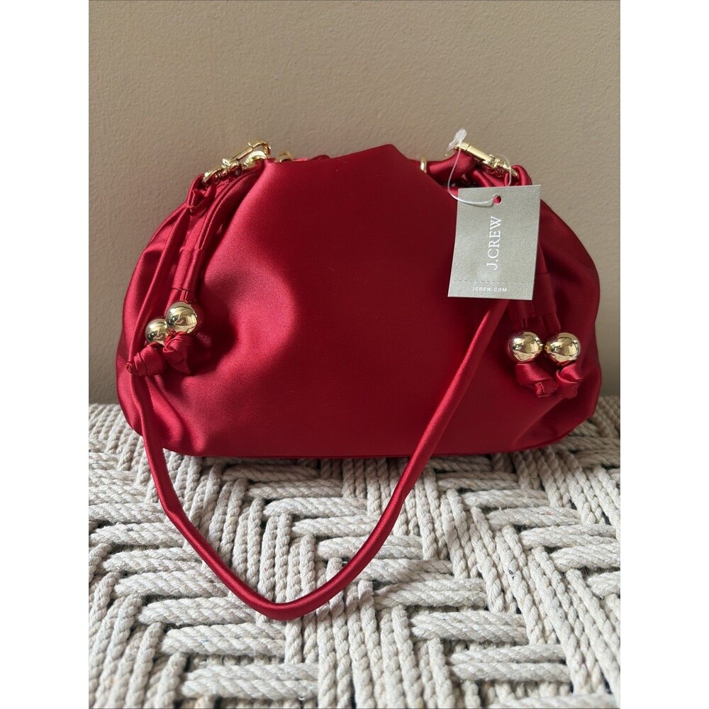 J.Crew Drawstring Pouch Holiday Bag Purse Clutch Red Satin Gold Hardware NWT